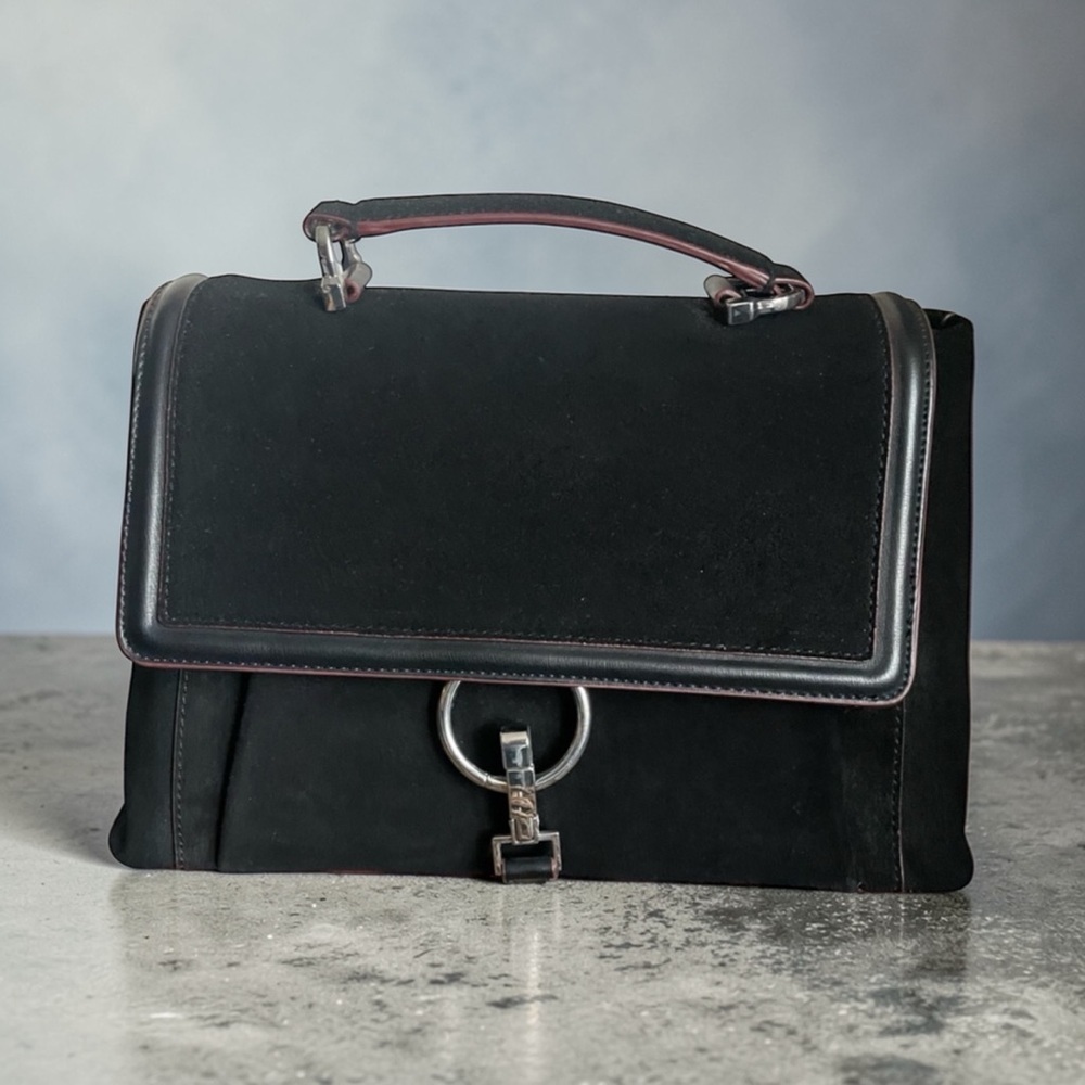 ZARA Black Leather & Velvet Ring Detail Top Handle Crossbody Genuine Leather